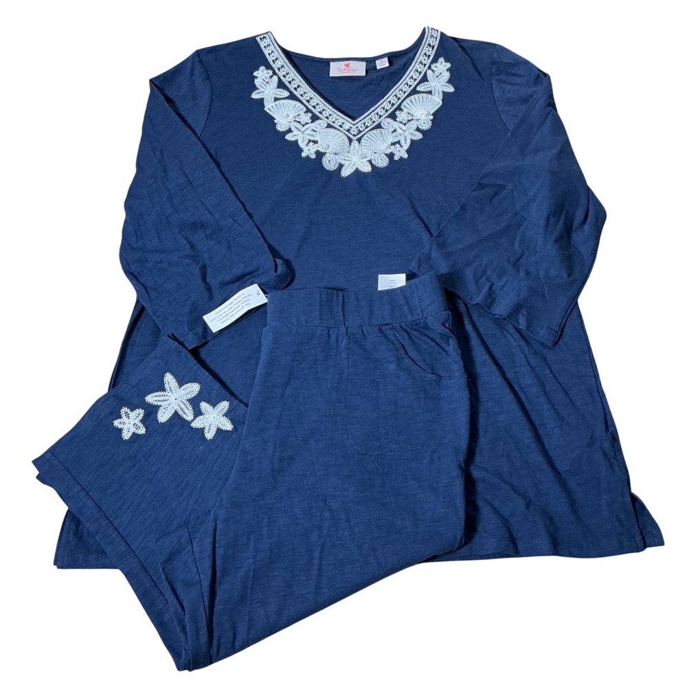 Quacker Factory Coastal Shell Starfish Set Womens XL Navy Blue Knit 2pc